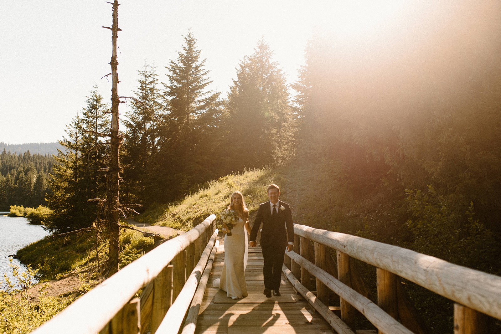 Bride and groom photos with beautiful backdrops for a Gold Creek Pond Elopement