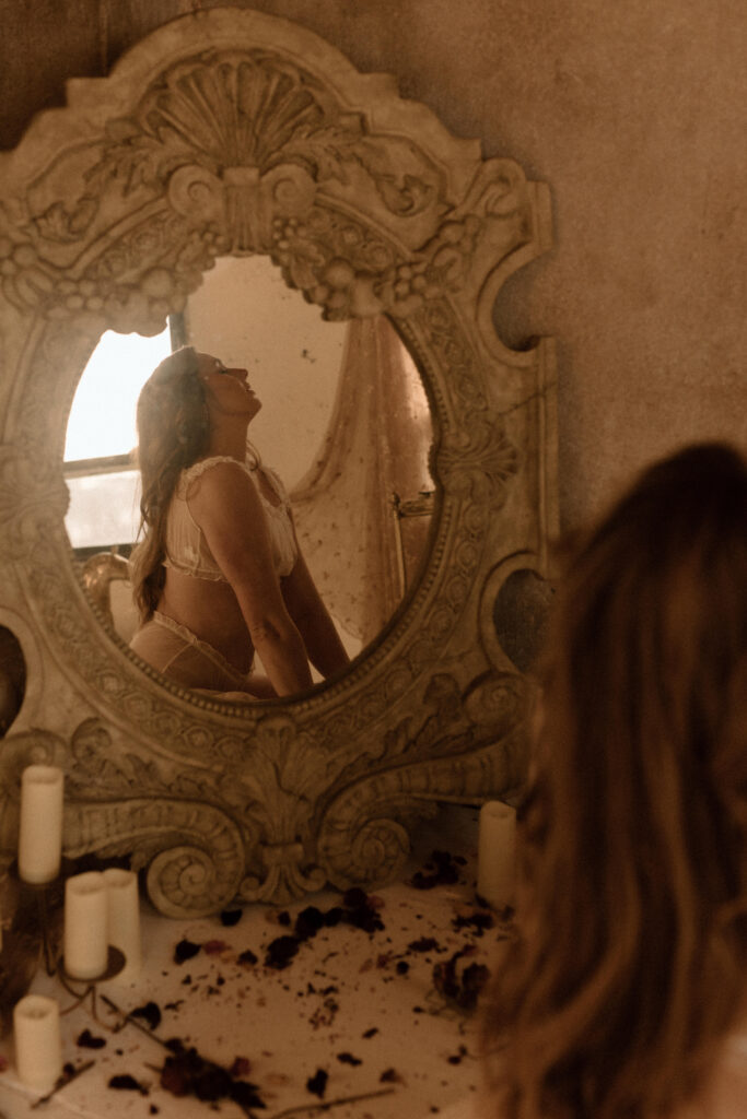 a woman in a mirror.
