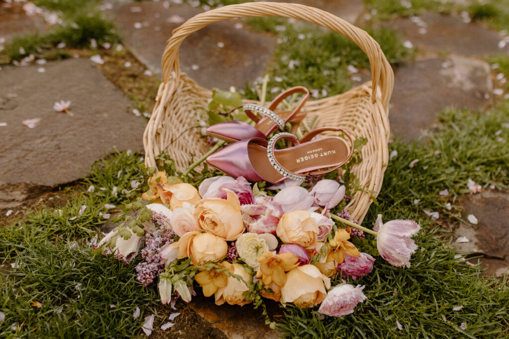 spring garden wedding shoes and flower details