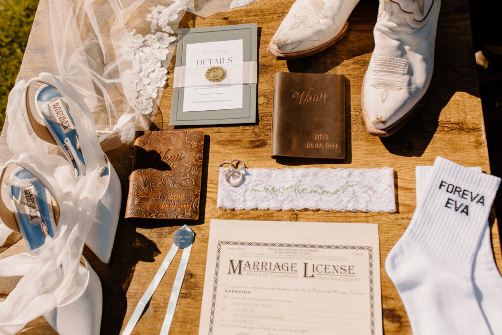 country colorado wedding day flat lay with details