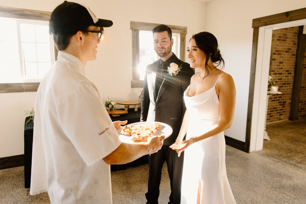 bride and groom pizza dinner