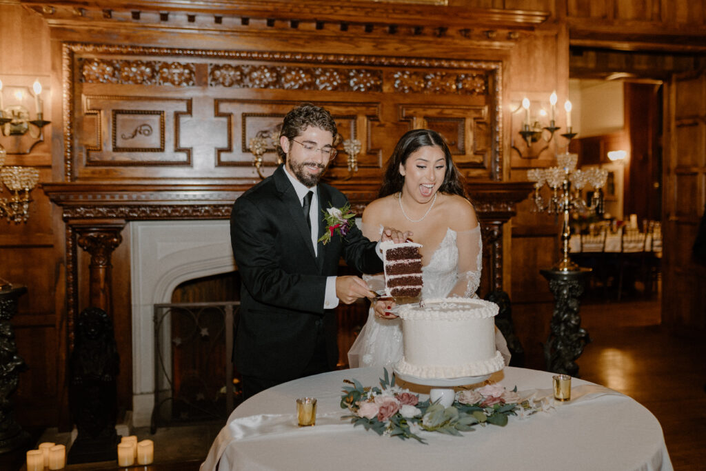 Thornewood Castle Garden Wedding Venue cake cutting