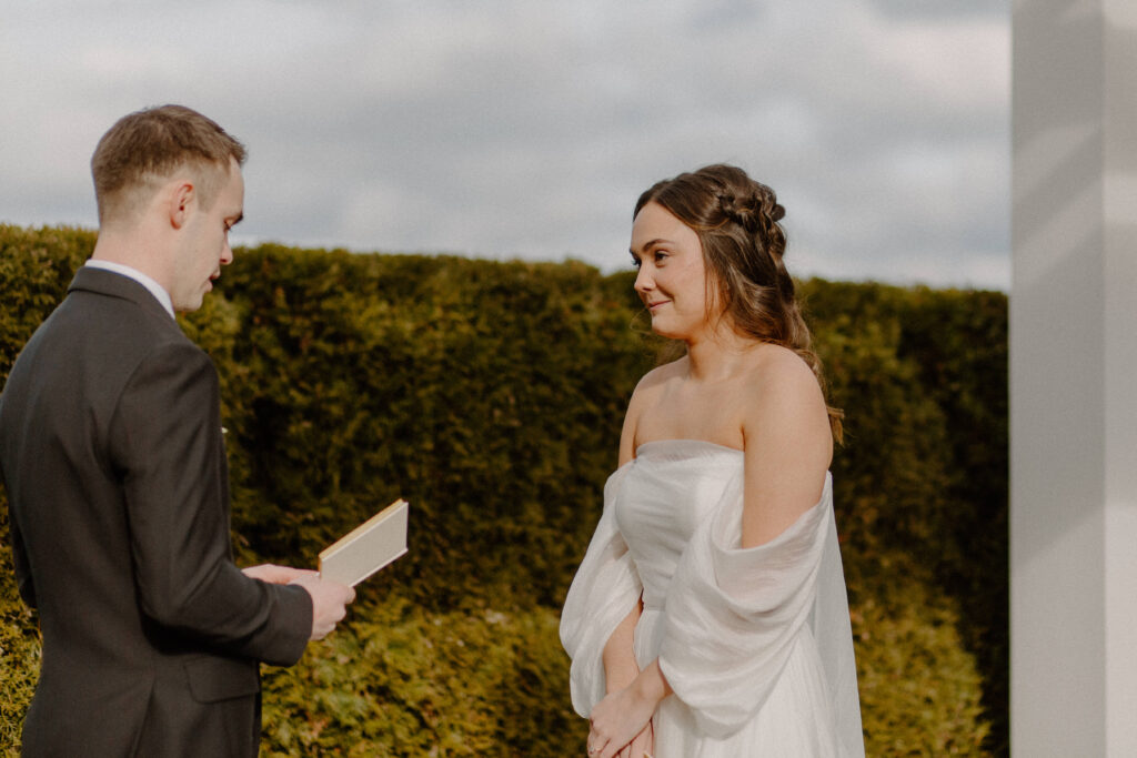 Bride and groom first look at winter wedding