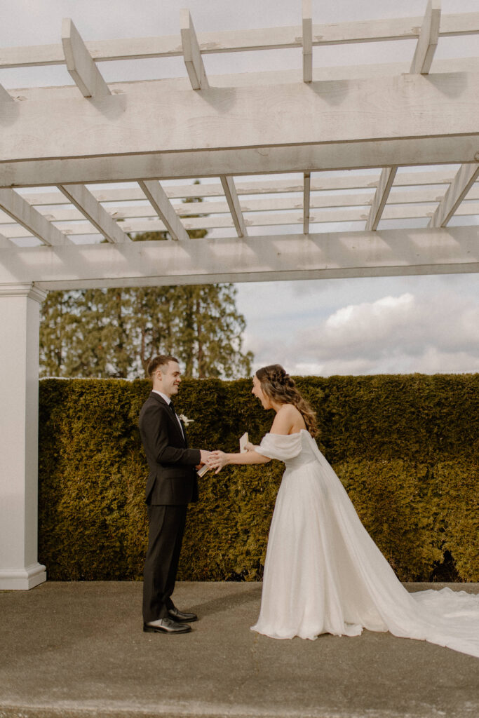 Bride and groom first look at winter wedding