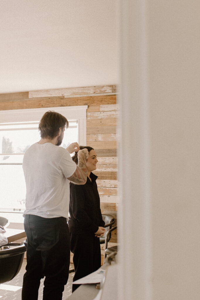 bride getting hair done