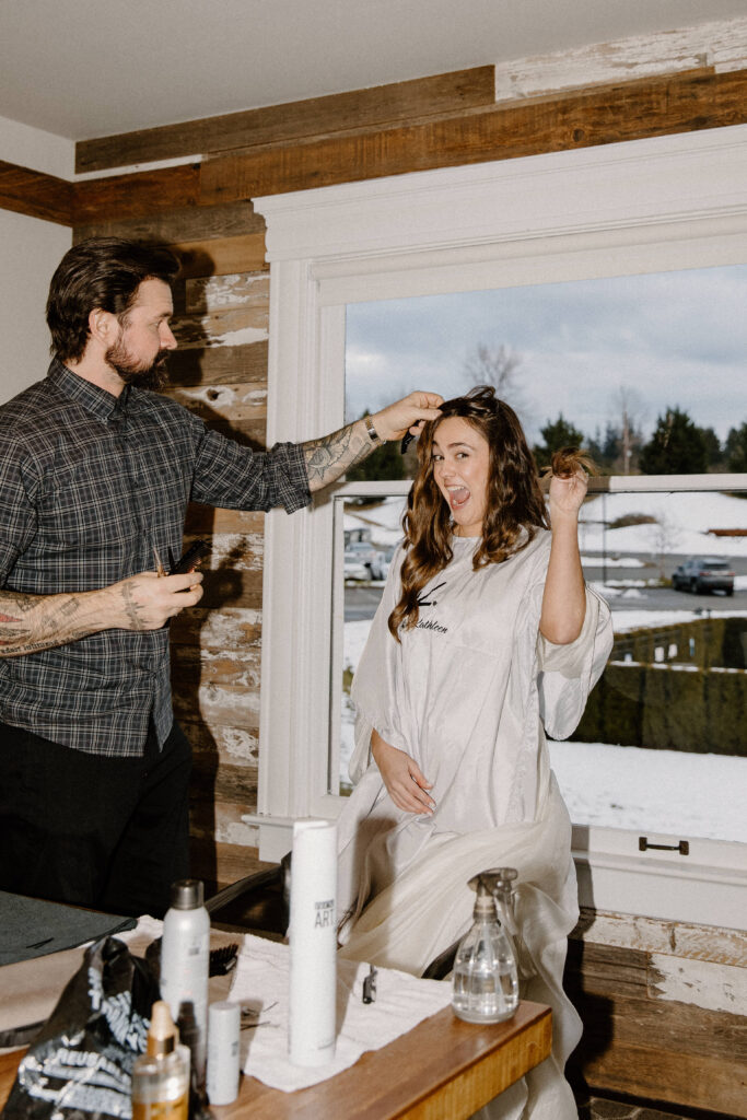groom reaction to bride cutting her hair on wedding day